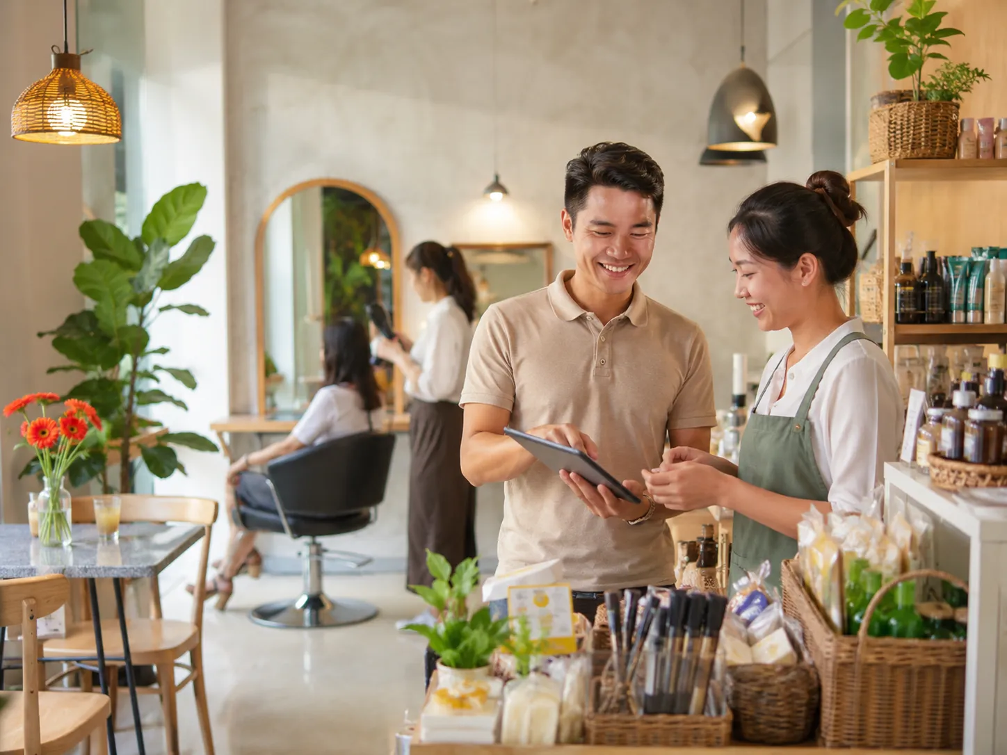 店内でタブレットを見ながら相談する2人