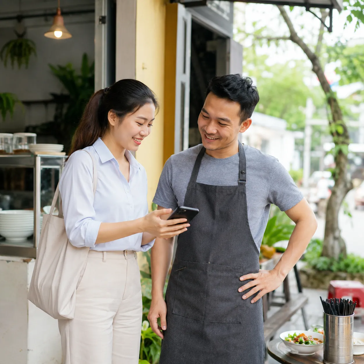 店先で店主に気軽に話しかける様子