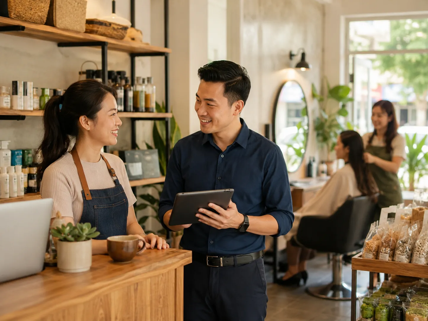 サロンでオーナーと会話する様子