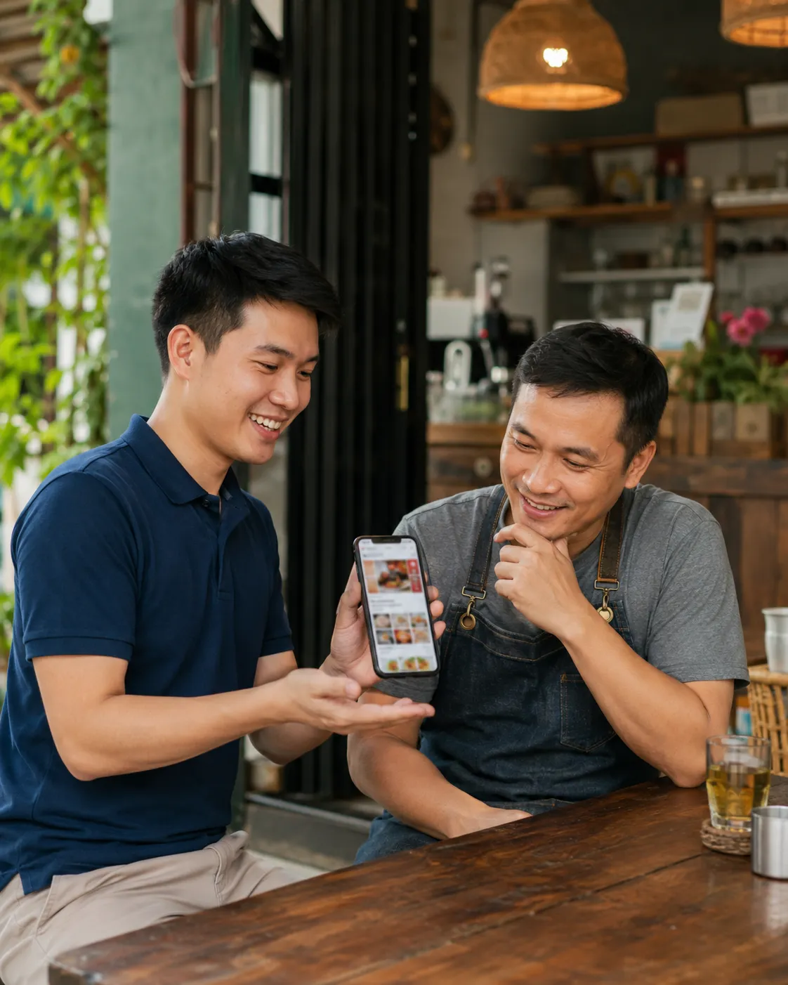 カフェでスマホを見せながら店主にサービスを紹介する様子
