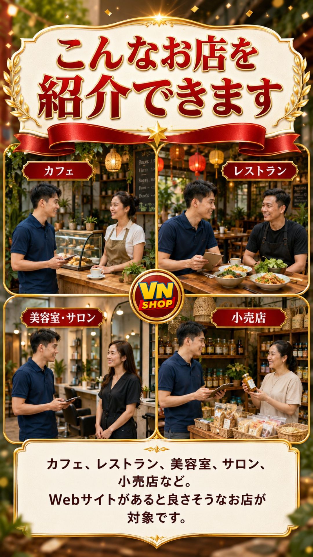 紹介できるお店の例。カフェ、レストラン、美容室、サロン、小売店など